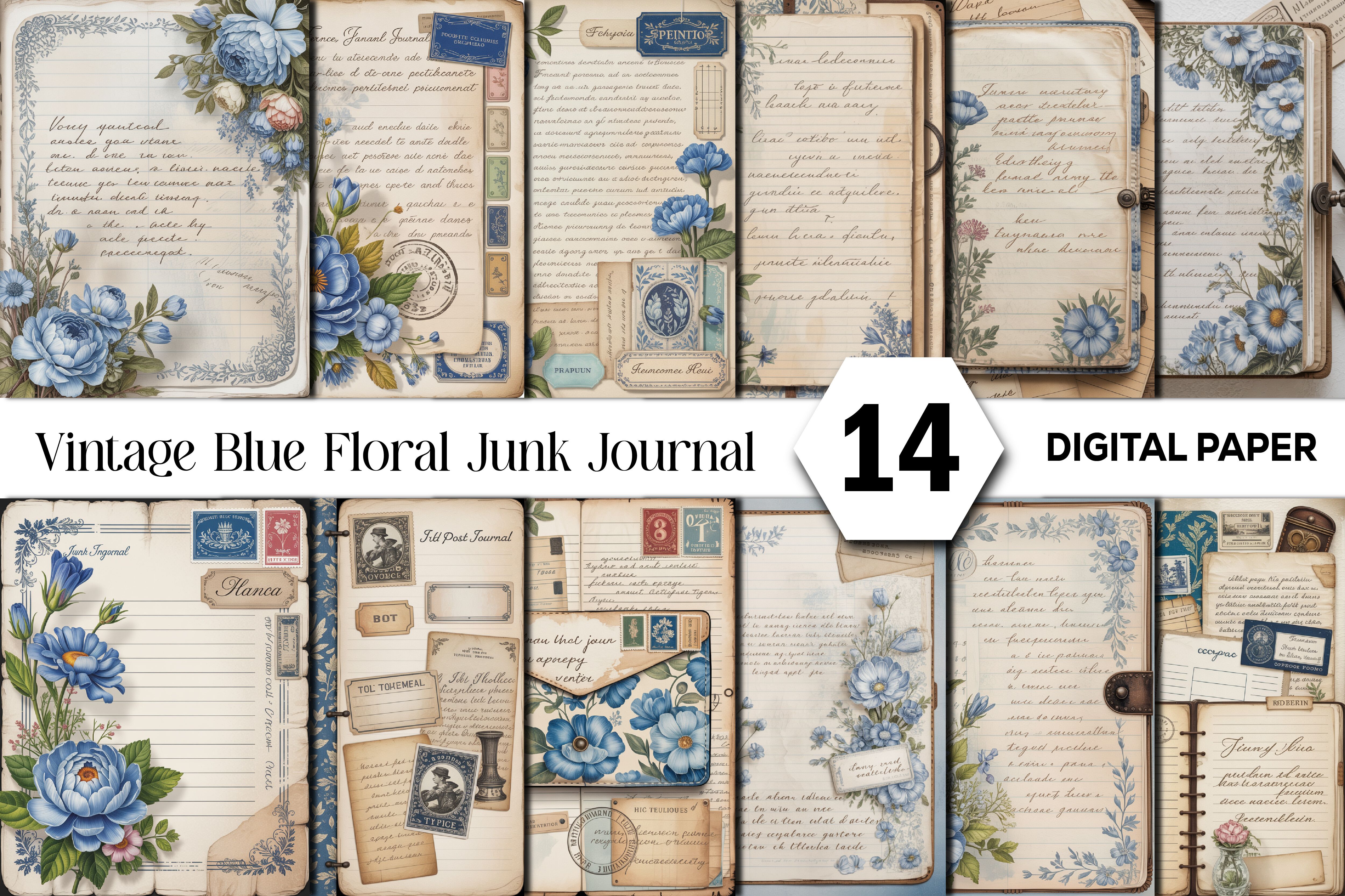 Vintage Blue Floral Junk Journal Kit